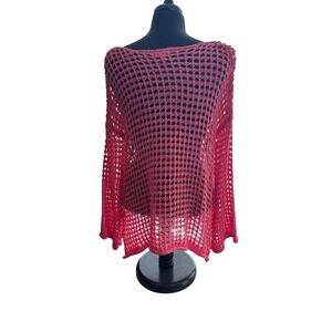 POL Pink Open Knit Crochet Sweater Boho Mesh Pullover Long Sleeve Medium